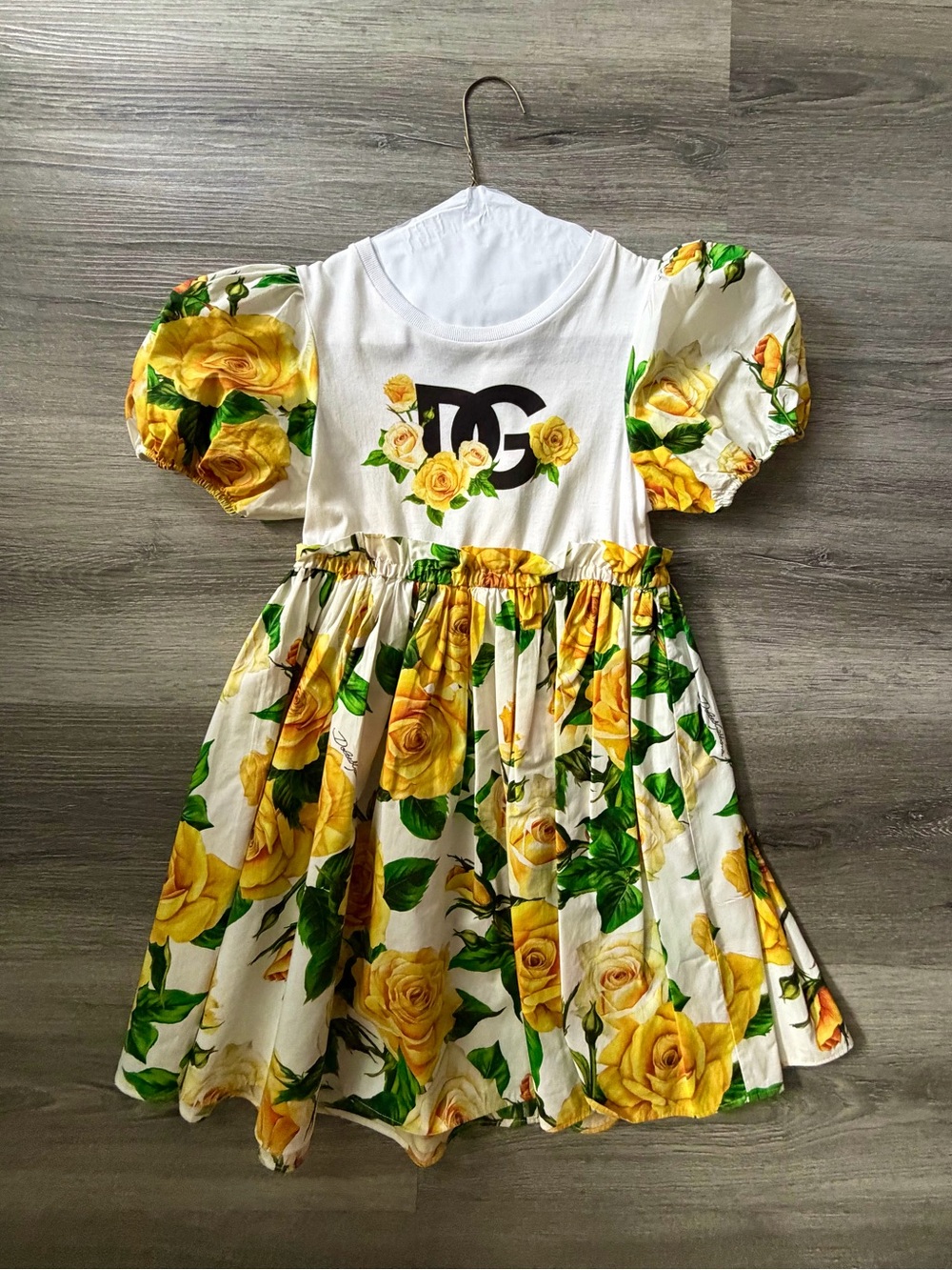 Girls' Yellow Rose Print Puff Sleeve Dress